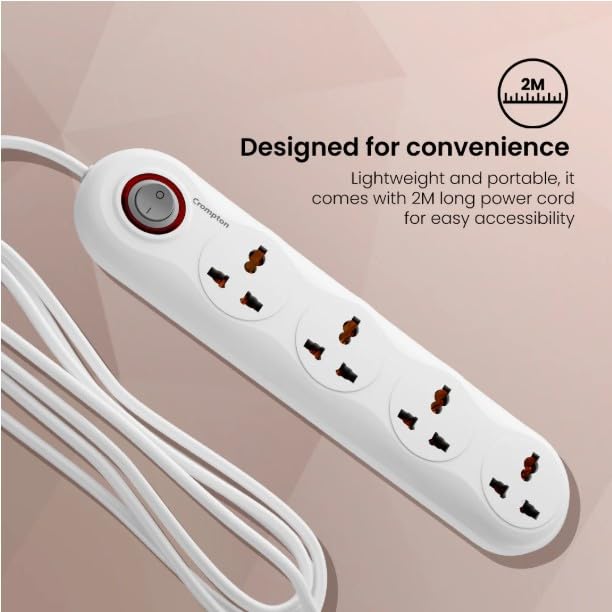 Image of Crompton Powerbox Alpha LITE Extension Board 6A with 4 Universal Sockets | 2 Meter Cord | 1500W Power Capacity | Multi Plug Power Hub for Home & Office | White | Pack of 1