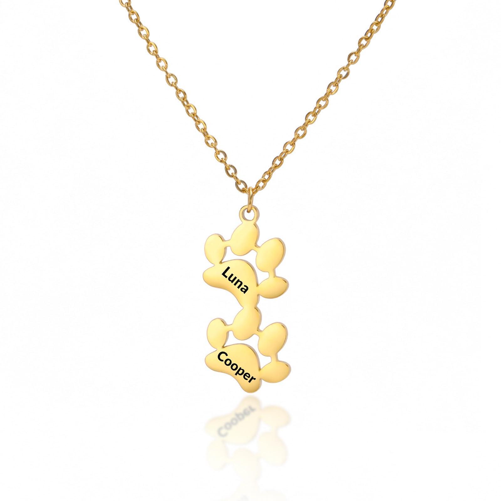 Y Z Personalised Dog Pet Paw Print Necklace with Engraved Name In Silver and Gold Gift Pet lovers UK Made and Processed. (Gold)