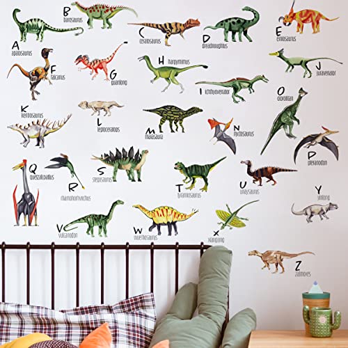 Runtoo Calcomanías de pared de dinosaurio del alfabeto para niños, dormitorio, guardería, aula, niños y niñas, decoración de pared