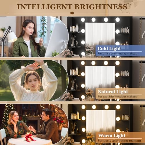 Image of Furmax Make up Vanity Desk with Mirror and Power Outlet, Vanity with 3 Color Light Options Adjustable Brightness,Vanity Desk with 2 Drawers, 6 Storage Shelves (Black, with Bench)