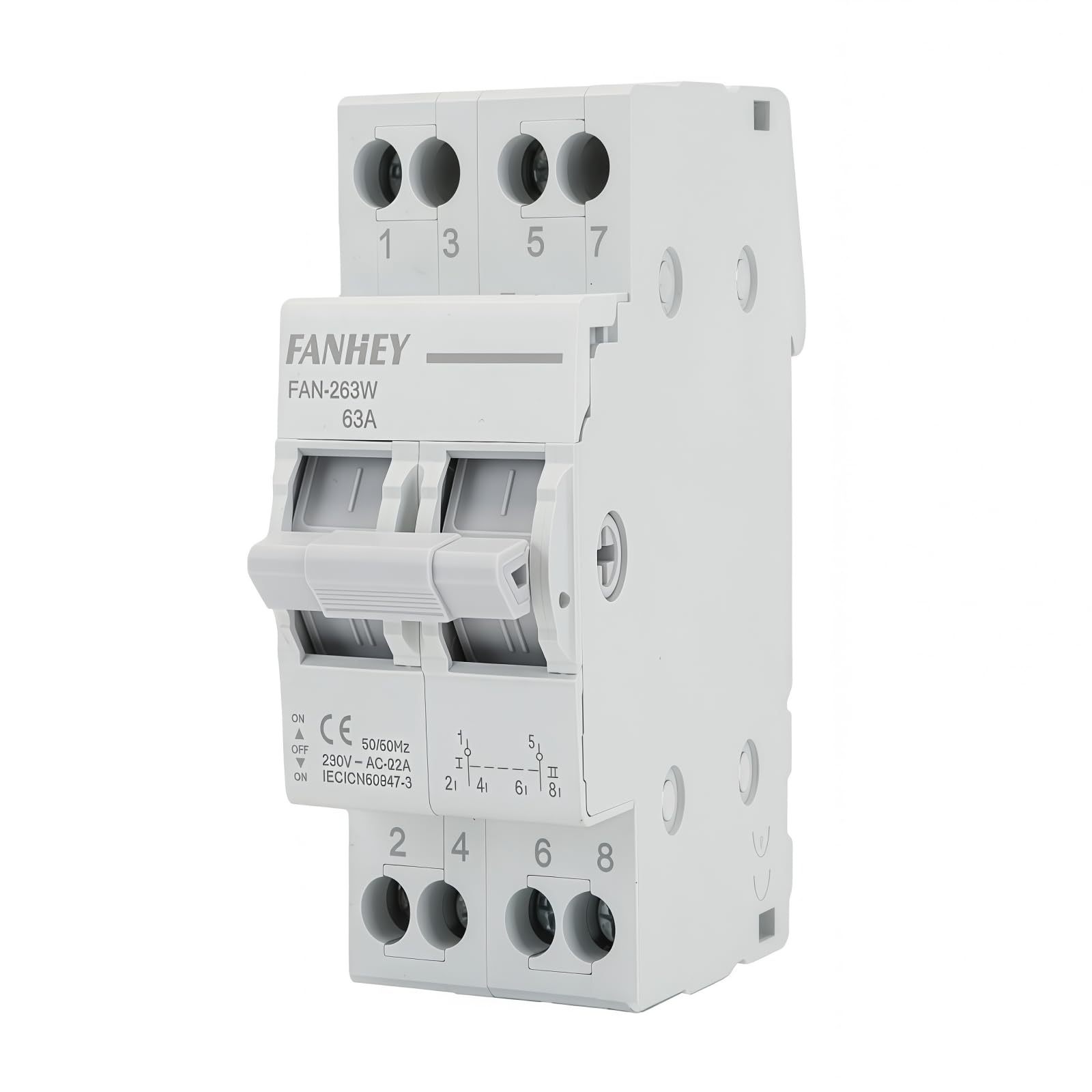 ENYEER Leitungsschutzschalter, 2P Manueller Transferschalter (MTS), Dual-Leistungstrenner mit mechanischer Verriegelung, Teilnehmeranschluss Circuit Breaker,Überstrom- und Überspannungsschutz (63A)