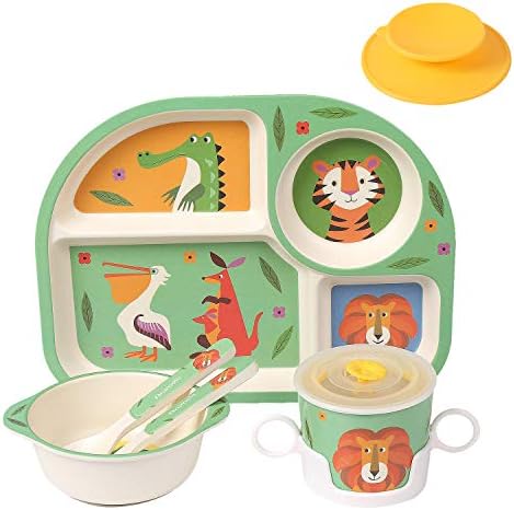 shopwithgreen 7Pcs/Set Bamboo Kids Dinnerware Set - Children Dishes - Food Plate Bowl Cup Spoon Fork Set Dishware, Cartoon Tableware, Dishwasher Safe Kids Healthy Mealtime, BPA Free