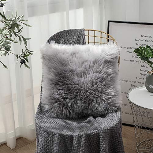 Pack of 2 Decorative Cushion Covers Grey 45x45CM Decorative Cushion Sheepskin Lambskin Faux Fur Long Hair Sofa Cushion Cuddly Cushion