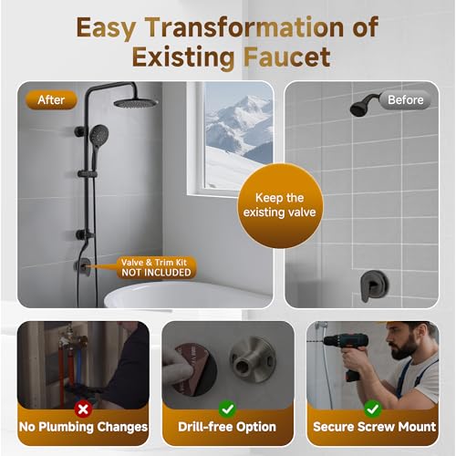 Image of BRIGHT SHOWERS Rain Shower System Combo - 9 Inch Rainfall & Handheld Shower Heads with Power Wash, Solid Brass Rail, Height Adjustable Holder, 60 Inch Long Stainless Steel Hose, Matte Black