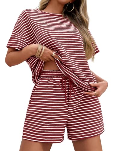 Image of Tankaneo Womens Pajama Sets Striped 2 Piece Lounge Sets Short Sleeve Oversized T Shirts Drawstring Shorts Matching Set