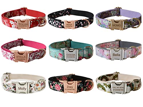 Personalisiertes Hundehalsband mit Metallschnalle, individuelle Haustiermarken mit Namen, Telefonnummer, Adresse graviert, Blumenmotiv