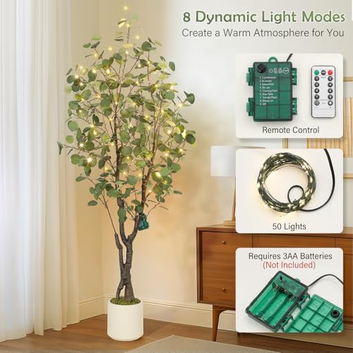 GarveeHome Artificial Eucalyptus Tree Indoor, 5ft Tall Fake Artificial Plant with White Planter,Large Faux Floor Plant Fake Silk Trees with 50 Lights Artificial Trees for Home Decor Indoor