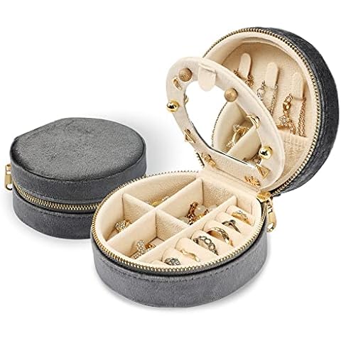 Dajasan Velvet Jewelry organizer, Mini Travel Jewelry Case, Small Portable Travel Jewelry Organizer Box with Mirror for Women Girls (Grey) Cover
