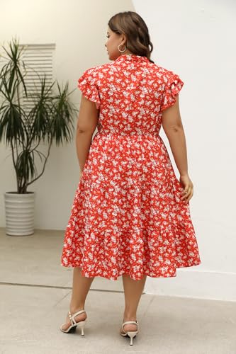 Image of Keluummi Plus Size Midi Dress for Curvy Women Wedding Guest Summer Floral Empire Waist Short Sleeve with Pockets