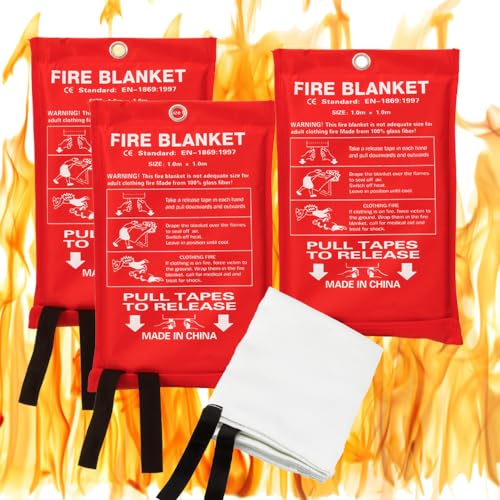 AfooBezos Fire Blanket Fire Suppression Blanket Fiberglass Fire Blanket for Emergency Surival Fire Guardian Blanket for Kitchen,House,Grill,Camping,Car,Welding Energency Safety(3 Pack)