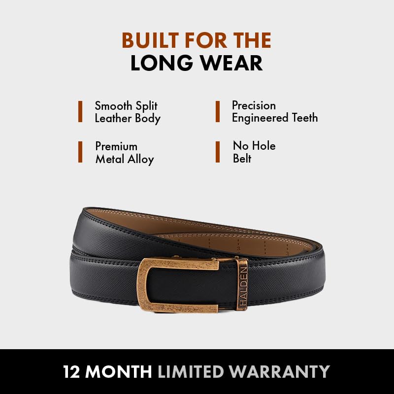 Image of HALDEN VELLANO Black Belt For Men Leather Original (Free Size Fits Up to 44 Inch Waist) Ratchet Strap with Classic Buckle & Magnetic Auto-lock, Adjustable Belt for Men
