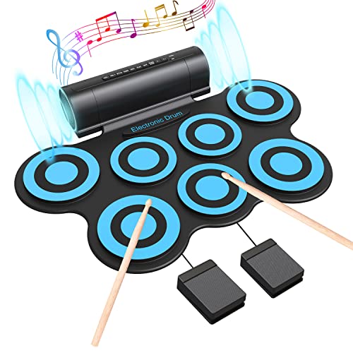 Konix Electronic Drum Pad For Kids - 7 Pads Roll Up Electric Drum Kit Rechargeable - Digital Drum Sets With Headphone Jack, Speaker, Pedals, Demo Songs, Mp3 Usb Port, Sticks - Blue #TOP4