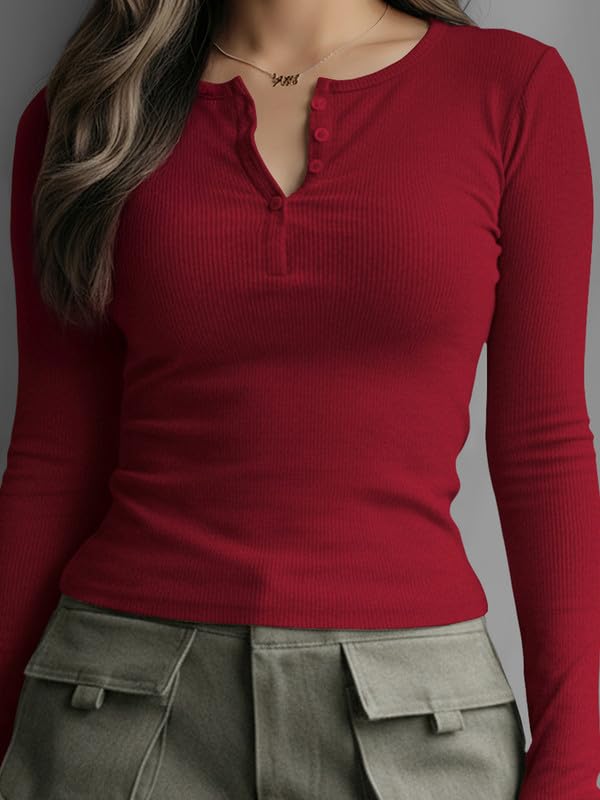 Image of Dream Beauty Fashion Women's Long Sleeve Slim Fit Top /T-Shirt Henley Neck Casual (BZF-Top-Saiyaara-1)