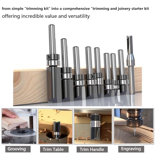 SICWOOD 9pcs Pattern Flush Trim Router Bit 1/4 Shank, Carbide Tipped Top Bearing Template Pattern Router Bit, Straight Flush Cut Router Bit, for Wood Trimming - Thumbnail 3