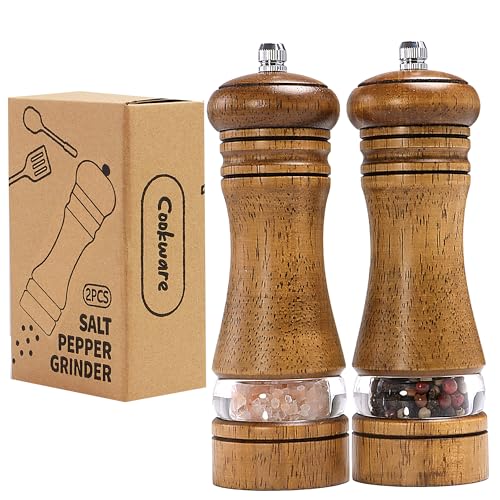Wooden Salt and Pepper Grinder Set, Premium Oak Wood Salt Grinders Shakers, Manual Pepper Mill with Acrylic Clear Window, Adjustable Ceramic Grinder for Kitchen, Restaurant, Gifts - 6 inches, 2 Pack
