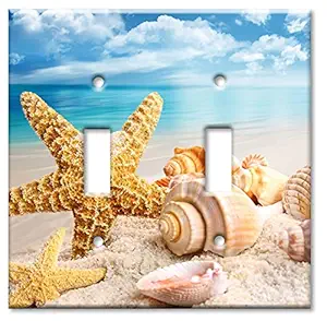Double Gang Toggle Switch/Wall Plate - Sea Shells and Starfish on the Ocean Beach