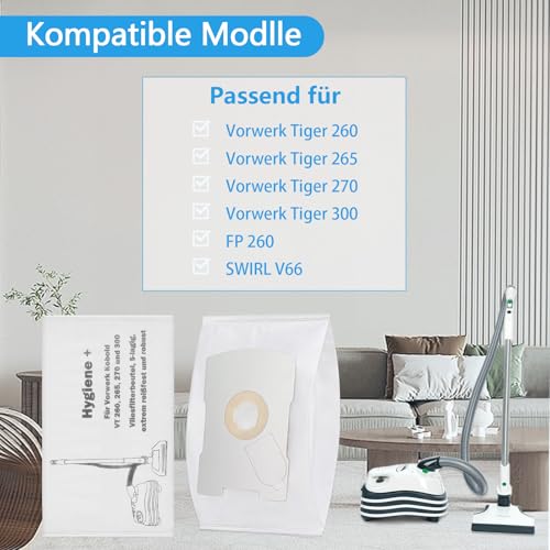 20 Staubsaugerbeutel für Vorwerk Tiger 260 VT300 265 270, Vorwerk Kobold FP300 Beutel kompatibel mit SWIRL V66