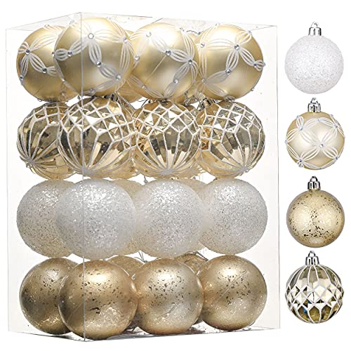 Valery Madelyn 24pcs 6cm Boules de Noël Étincelants, Blanc et Dorée, Ensemble d'Ornements Incassables à Suspendre pour l'arbre de Noël, Décoration Traditionnelle en Plastique pour Le Sapin de Noël Cover