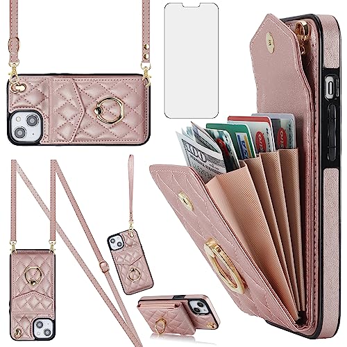Housse iPhone 14 Plus portefeuille cuir or rose avec étui carte et verre trempé