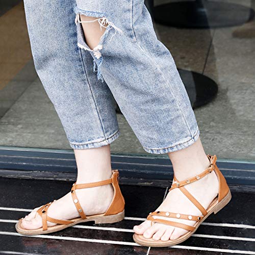 Trary Rivets Studs Flat Sandals For Women Dress Shoes Brown 08 #TOP3