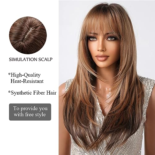 OUFEI Brown Ombre Dark Blonde Wig with Bangs Long Straight wigs for Women Short Layered Wigs Synthetic Hair Heat Resistant Wigs for Daily Party Cosplay Wear - Image 3