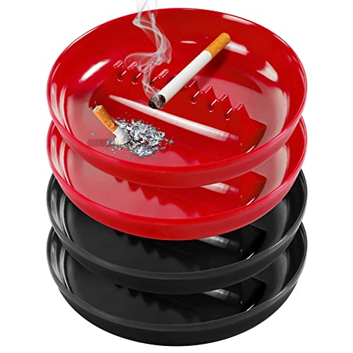 Grovind Plastic Ashtrays for Cigarettes and Cigars, Indoor Outdoor Ash Tray Large Size Tabletop Ashtray Decor for Home Office Restaurant Patio Bar - Pack of 4 (Black/Red)