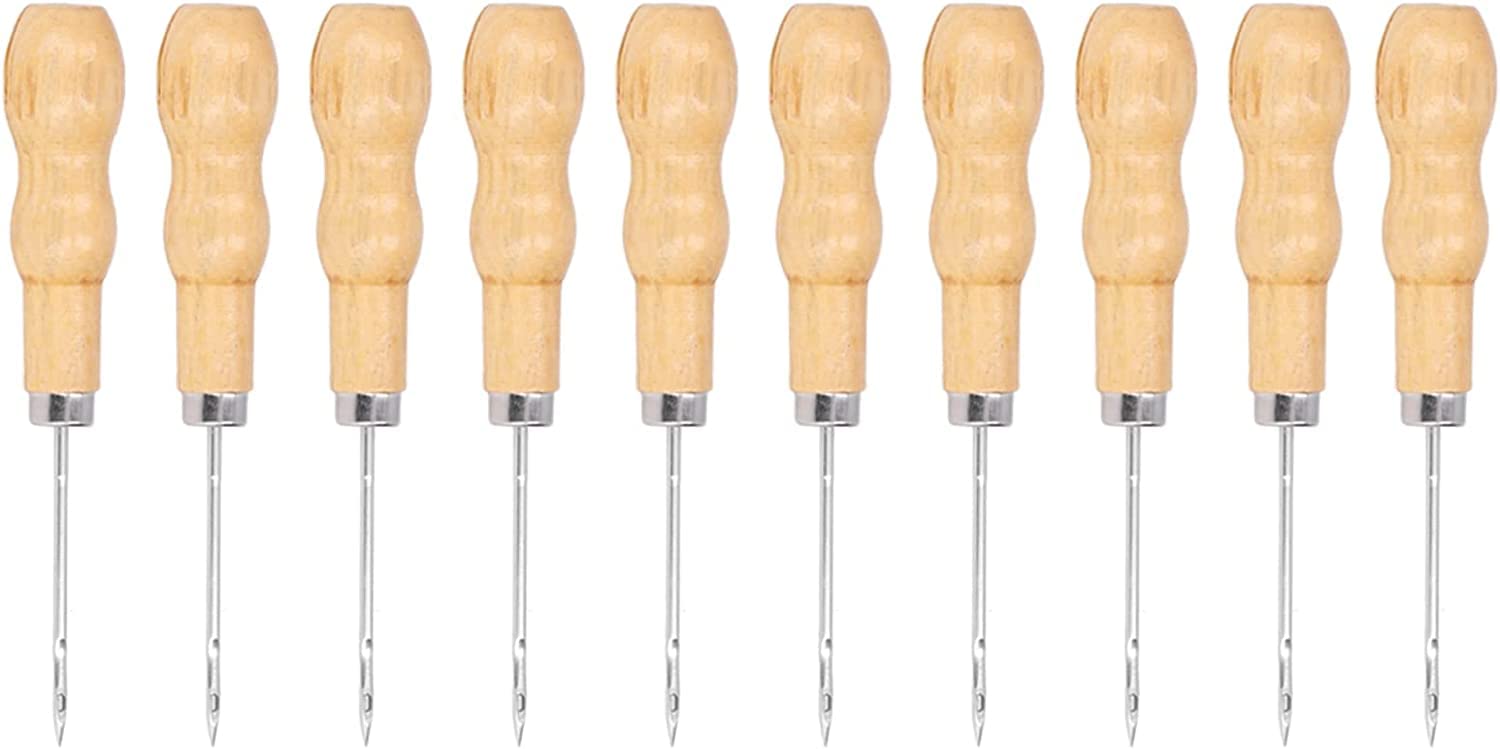 Poinçon de couture en cuir, poinçon à main, outil de poinçon en cuir, poinçon en cuir, 10pcs poinçon de couture en cuir manche en bois 125mm de longueur kit d'outils à main for réparer le bricolage