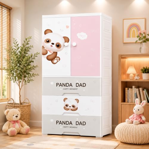 Image of YASONIC Plastic Wardrobe for Kids Clothes - Durable, Easy to Use Anti-Skid & Non-Slip Effective Professional Collapsible Wardrobe, Plastic Cupboard for Kids, Foldable Almirah (Panda, 1+3 Tier)