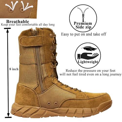 Image of Lightweight Mens Tactical Shoes Combat Boots Coyote Brown Boots Military Training Lace Up Outdoor Hiking Breathable Army Shoe Side Zipper