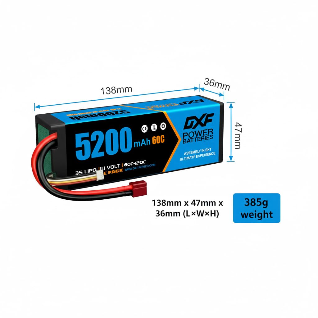 DXF Confezione da 2 confezioni da 3 batterie lipo 5200 mAh, 11,1 V, 60C, con spina Deans/T– lipo 3s perfetto per auto rc, aereo, elicottero, camion 3s lipo ideale per veicoli 1/8 e 1/10 come Tamiya