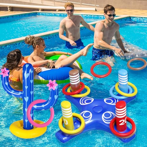 Max Fun Pool Toys Games Set for Kids Pool Basketball Hoop, Inflatable Cross Ring Toss, Floating Floats Games for Toddlers Adults Swimming Water Toys Party Decoration
