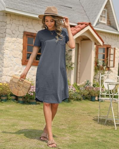 Image of Dyexces Summer Dress for Women Crew Neck Short Sleeve Solid Basic T-Shirts Casual Midi Dresses with Pocket