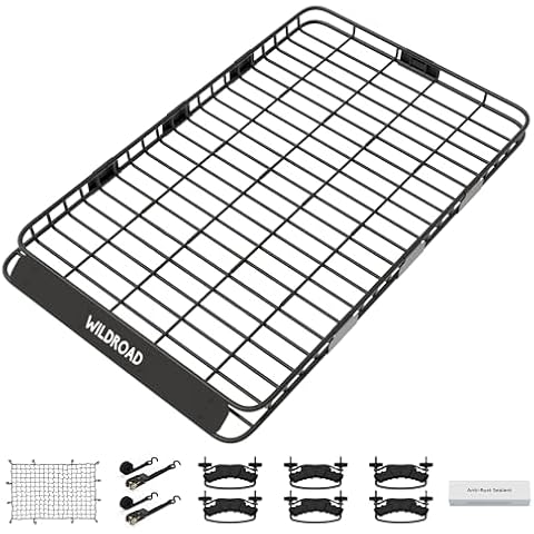 WILDROAD Roof Rack Cargo Basket, Upgraded 4” Fence Wide Car Roof Basket, 84"x 50"x 4" Universal Car Top Carrier Basket with Cargo Net, Ratchet Straps, 6 U-Bolts and Anti-Rust Sealant Cover