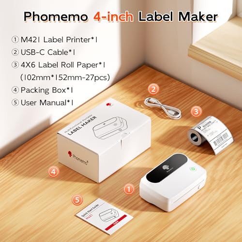 Phomemo M421 4x6 Etikettendrucker, Upgrade Thermo Label Printer mit 1 4x6 Rollenpapier für Barcode Versandetiketten, Unterstützt 40mm-106mm Druckbreite für Kleine Unternehmen, Büro, Zuhause