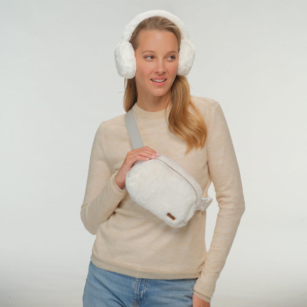C.C Faux Fur Fanny Pack For Women Unisex - Fuzzy Daily Waist Crossbody Belt bag With Adjustable Strap (Ivory)