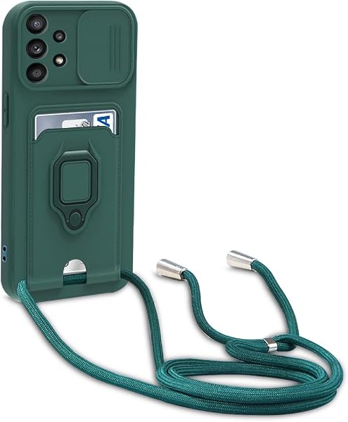 Cover con Collana Compatibile con Samsung Galaxy A52 (4G/5G) / A52s 5G, Cover con Pratico Cordino, Slidable Protezione Fotocamera Slot Carte 360° Anello Supporto, Verde Scuro - 1