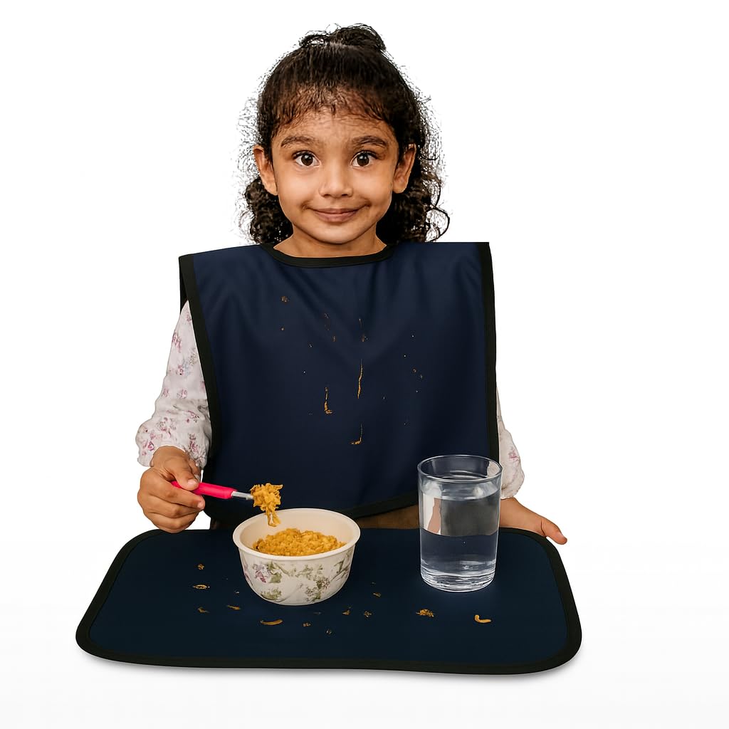 MAKSTILE Waterproof Kids Bib with Food Mat | Lightweight & Foldable | Multi-Functional Clothing Protector for Boys & Girls (6-12 Years) | School Lunch, Eating, Painting, Craft & Travel(Navy Blue) - Image 4 thumbnail
