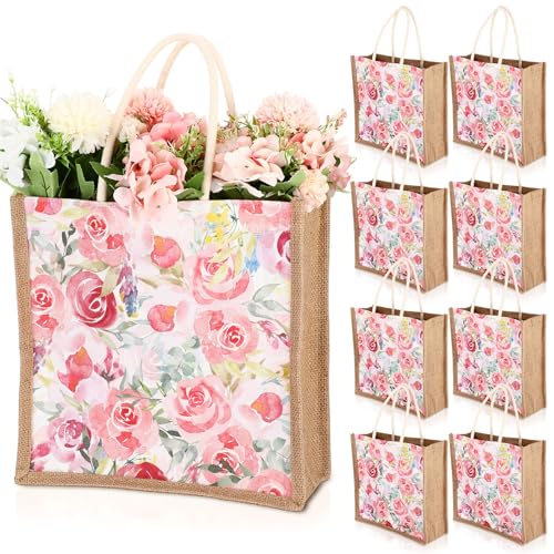 Shinylin 8 Pcs Jute Floral Totes Bags Reusable Grocery Bags
