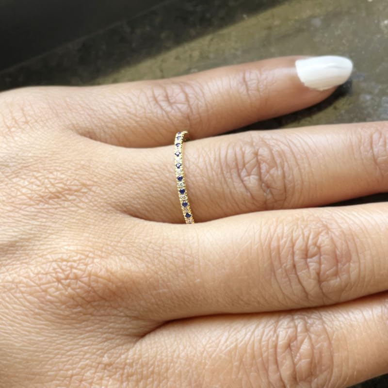 Round Cut Blue Sapphire & White Diamond Full Eternity Ring For Women, 14K Gold Plated 925 Silver September Birthstone Blue Sapphire Full Eternity Wedding Anniversary Matching Band