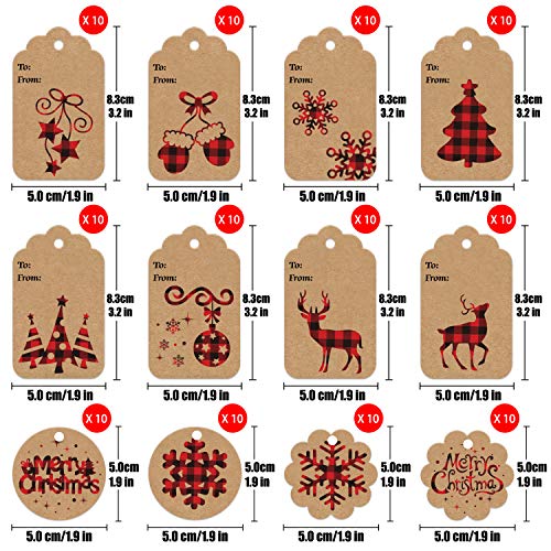 LOKIPA 120 Pieces Christmas Kraft Paper Gift Tags Hang Labels with Red and Black Plaid Snowflake Christmas Tree Elk Patterns and 230 Feet Twine Rope for Christmas - Thumbnail 5