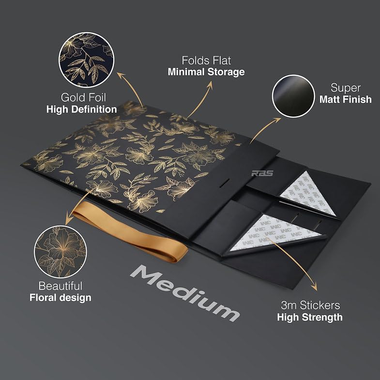 Image of RBS MEDIUM Black Empty Gift Box 26x26x10cm Decorative Floral Gift Boxes for Presents (1 Pack) Box for Gift Packing Multipurpose Hamper Cardboard Box for Gift Occasion Gift Box (Black Gold Floral)