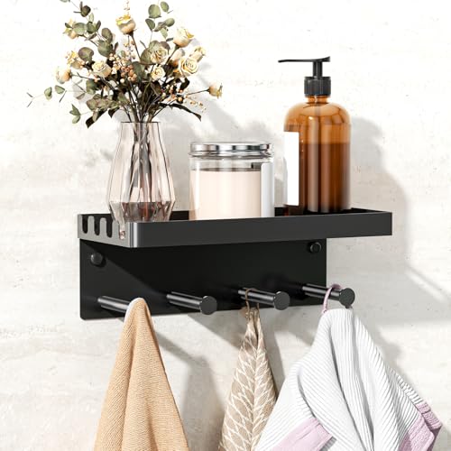 XILIMOR Crochet Salle de Bain Avec Étagère, Porte Serviettes de Salle De Bain en Métal, Crochet Adhesif Mural Salle de Bain, Porte Serviette Mural pour...
