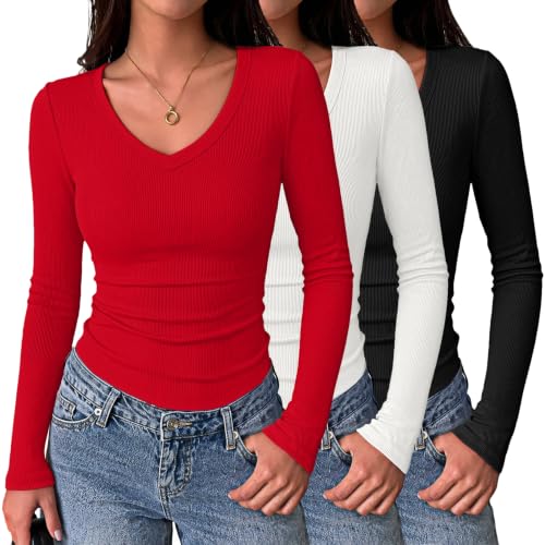 Zeagoo Women's Tops 3 Pack Long Sleeve Shirts Ribbed T-Shirt V Neck Slim Fit Layering Business Casual Cute Basic Tee — view 2