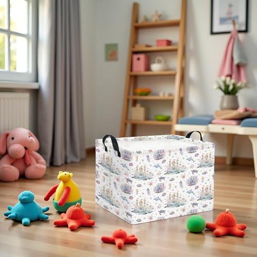 Image of Rectangular Kids Storage Basket Boys for Home Kitchen Girls Cute Storage Bin Organizer Shelf Book Room Decor(Sea Castle)