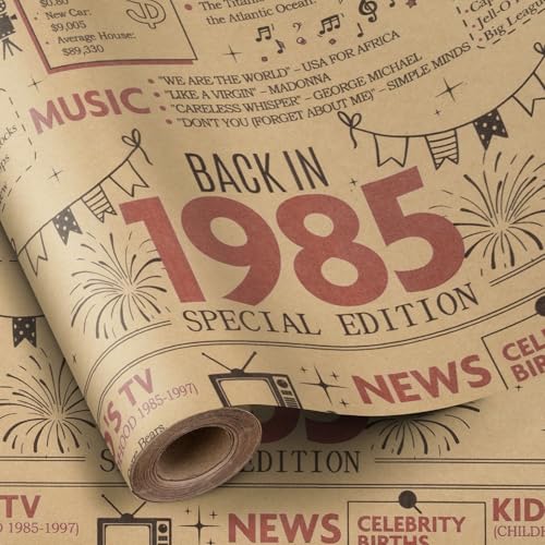 RUSPEPA 2026 Funny Birthday Wrapping Paper for Women or Men, Mini Roll, Back In 1985 Newspaper Vintage Design Kraft Paper for 41st Birthday Party Gift and Special Occasions, 17 inch x 16.4 feet, 41st