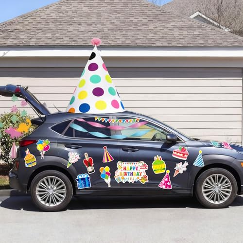 Relaxweex 27 Pcs Large Car Birthday Decorations Happy Birthday Magnets With Large Party Hat Colorful Reflective Automotive Car Magnets For Refrigerator Door Metal Surface