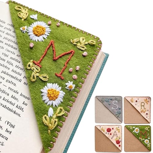 Personalized Hand Embroidered Corner Bookmark 26 Letters Cute Flower Embroidered Corner Bookmark Embroidery Book Marker Clip for Book Lovers Bookmarks for Reading Lovers Meaningful GIF (Summer M)
