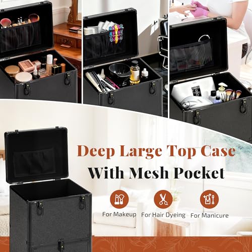 Image of Rolling Makeup Train Case with Drawers Cosmetology Case on Wheels | 4 in 1 Large Cosmetic Organizer for Hairstylist,Makeup Artist Nail Trolley Cart Salon Storage Traveling Cart Trunk