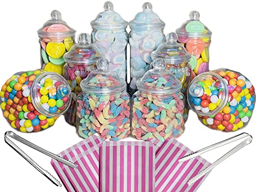 Truly Sweet Candy 10 Plastic Sweet Jars, 5 styles, 2 tongs, 50 bags Buffet (Pink)