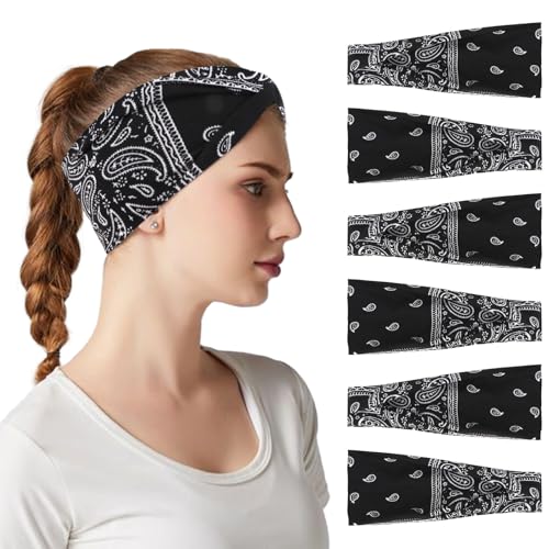 Image of YARIEW 6Pcs Headbands Paisley Bandanas Head Bands Sweat Band Hair Wrap Headwrap Fashion Boho Wide Thick Workout Yoga Elastic Headbands Mens Cooling Running Sports Headband Sweatbands for Women and Men